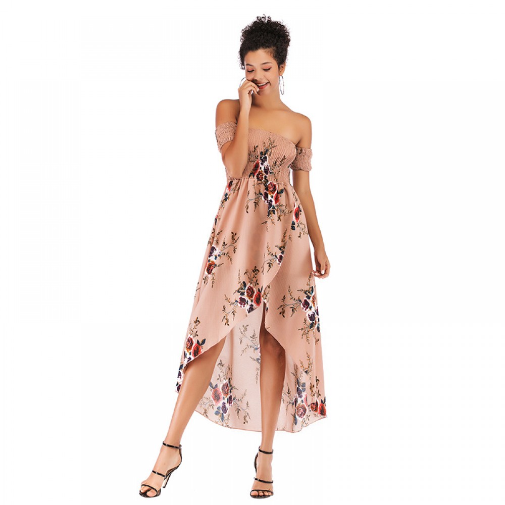 Sexy strapless word-collar floral dress spring and summer mid-length chiffon dress women