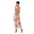 Sexy strapless word-collar floral dress spring and summer mid-length chiffon dress women
