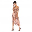 Sexy strapless word-collar floral dress spring and summer mid-length chiffon dress women