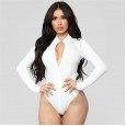 Women's V-neck long-sleeved zipper bodysuit slim jumpsuit