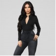 Women's V-neck long-sleeved zipper bodysuit slim jumpsuit