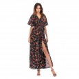 New Women's Dress Deep V-neck Multicolor Short Sleeve Chiffon Floral Beach Skirt Summer Vacation