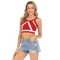 Knitted camisole women's new off-the-shoulder striped short section exposed navel wear sleeveless color matching top