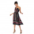 Spring and summer dress women's mid-length V-neck stripe color matching strap chiffon skirt