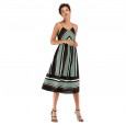 Spring and summer dress women's mid-length V-neck stripe color matching strap chiffon skirt