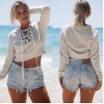 Hot selling women's hooded exposed navel sexy short sweater female long-sleeved tied rope round neck top