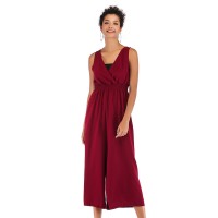 Summer new V-neck waist casual nine-point pants chiffon jumpsuit female wide legs