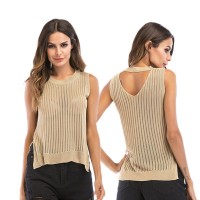 Thin section knitted T-shirt round neck sexy hollow vest hem split open backless sleeveless top women