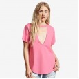 New trend sexy low-cut T-shirt women's summer loose loose thin solid color short-sleeved top