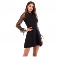 Women's long-sleeved mesh splicing dress new sexy knit A-line skirt was thin