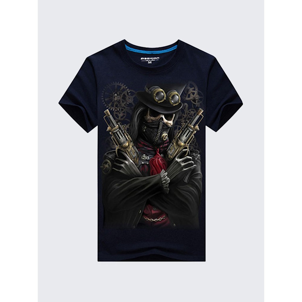 Plus Size S-4XL Black Skull 3D Printed Short Tees Casual Round Neck Short Sleeved T-shirt - Black S 
