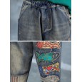 Cartoon Fish Patch Stripe Jeans For Women - Dark Blue M 