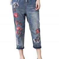 Vintage Embroidery Printed High Waist Casual Jeans For Women - Light Blue XL 