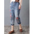 Vintage Embroidery Printed High Waist Casual Jeans For Women - Light Blue XL 