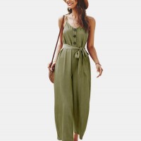 Straps Causal Tie Waist Solid Color Loose Jumpsuit For Women -  Yellow XL 