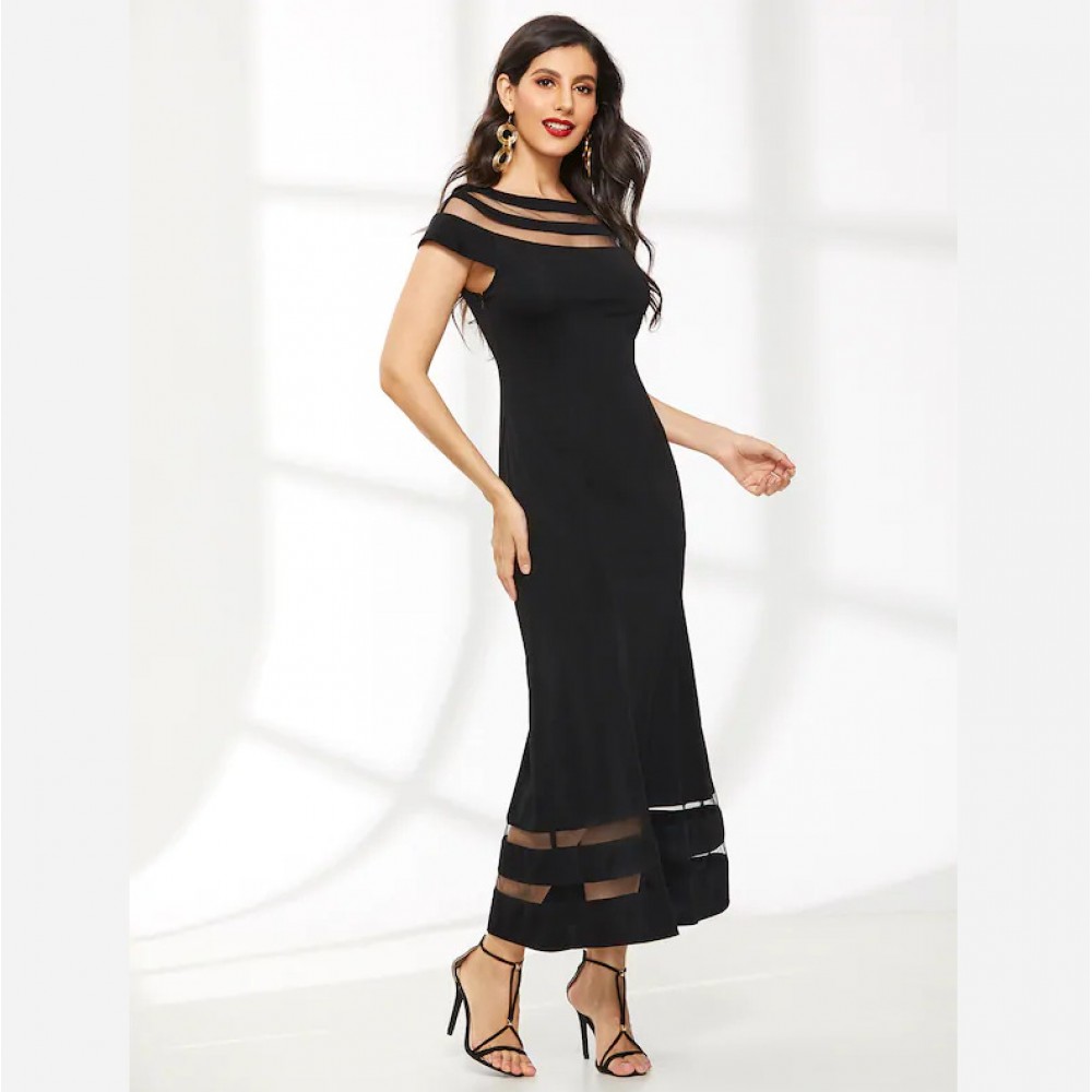 Hot sale women's round neck short sleeve mesh perspective solid color dress