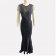 Edge trimmed contrast net yoke fishtail hem maxi tassel dress