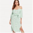 Women's Sling Leak Shoulder V-Neck Single-Breasted Long-Sleeve Hem Irregular Striped Dress