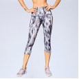 Women's printed high waist cropped pants oblique pocket fitness running yoga sports quick-drying tight-fitting pants 5035