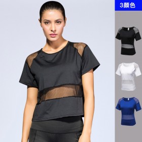 Ladies mesh yarn stitching yoga clothing loose casual running fitness clothes quick-drying breathable sports blouse