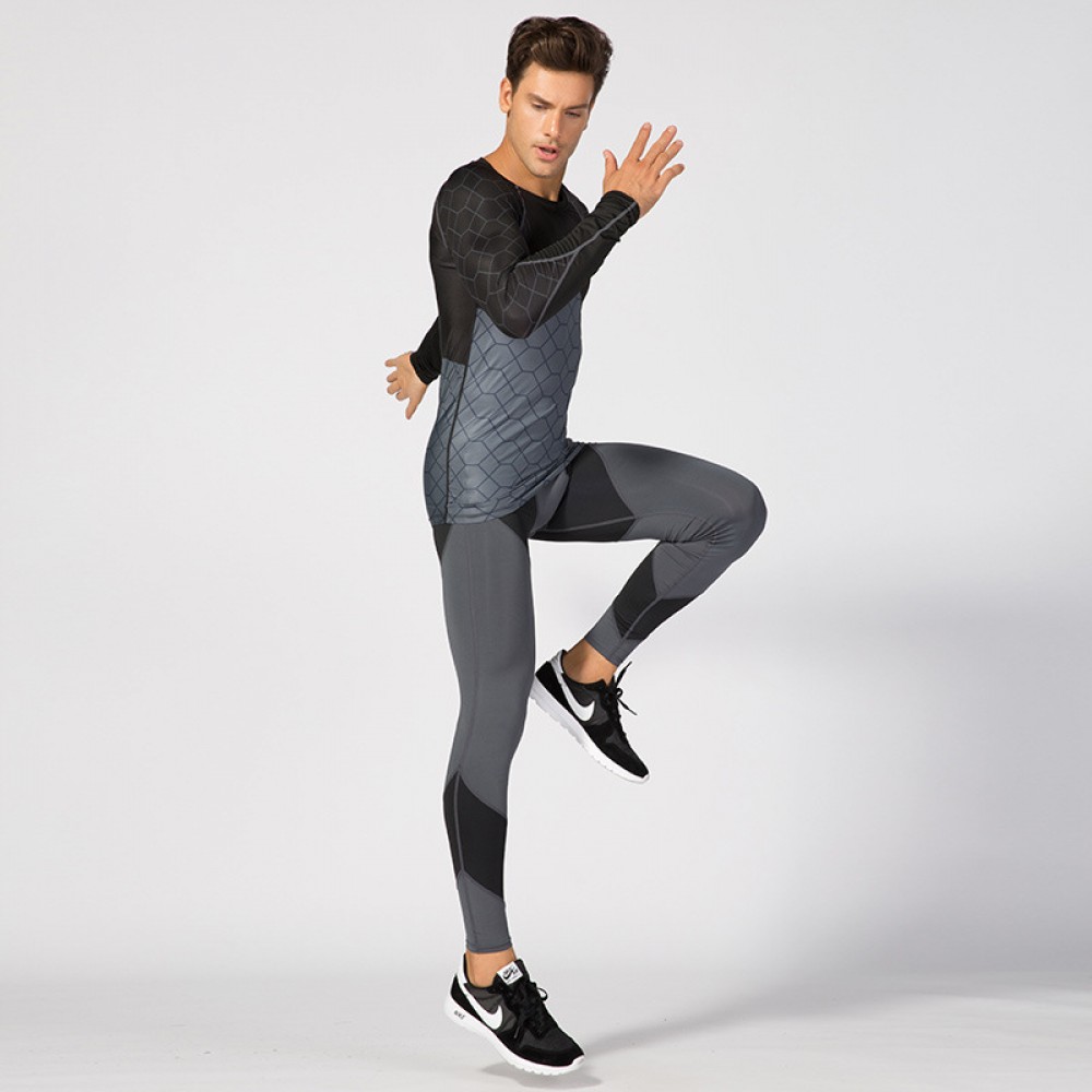 Men's printed stitching long-sleeved fitness running sportswear perspiration quick-drying breathable high elastic tight top 40