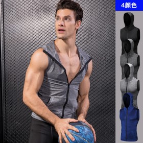 Men's tight sleeveless vest sports running training fitness clothes zipper hooded quick-drying jacket 9006