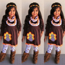 Thanksgiving boy suit autumn and winter girls long-sleeved tassel dress printed trousers two-piece suit