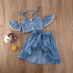 Children's clothing children's suit summer polka dot suspender jacket denim shorts short skirt three-piece suit