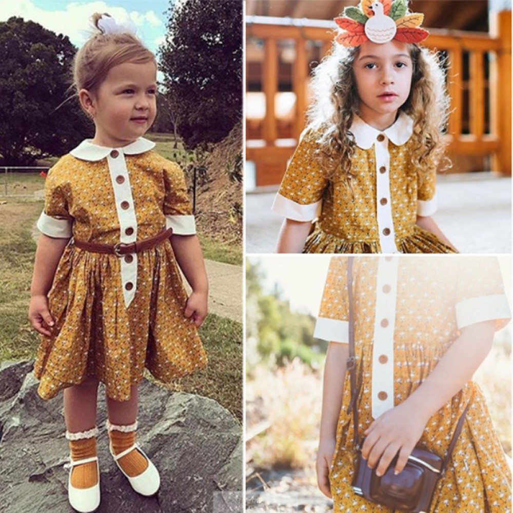 Children's skirt summer new product doll collar floral short-sleeved single-breasted dress