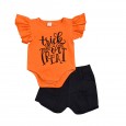 Infant and children's clothing girls round neck flying sleeves alphabet print top black denim shorts two-piece set