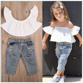 Girls' suit summer style flying sleeve white short-sleeved shirt ripped denim trousers two-piece suit