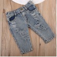 Girls' suit summer style flying sleeve white short-sleeved shirt ripped denim trousers two-piece suit