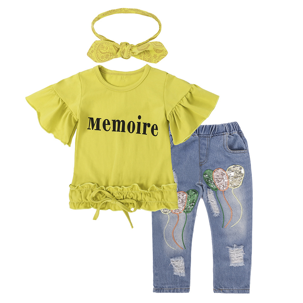 Children's clothing summer new girl trumpet sleeve letters yellow shirt balloon jeans hair accessories girls suit