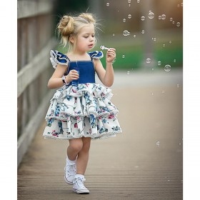 Girls print dress baby vest skirt small flying sleeve lace denim cake skirt