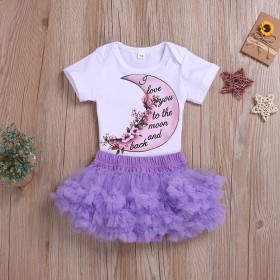 Summer baby girl short sleeve white top purple short skirt two-piece set