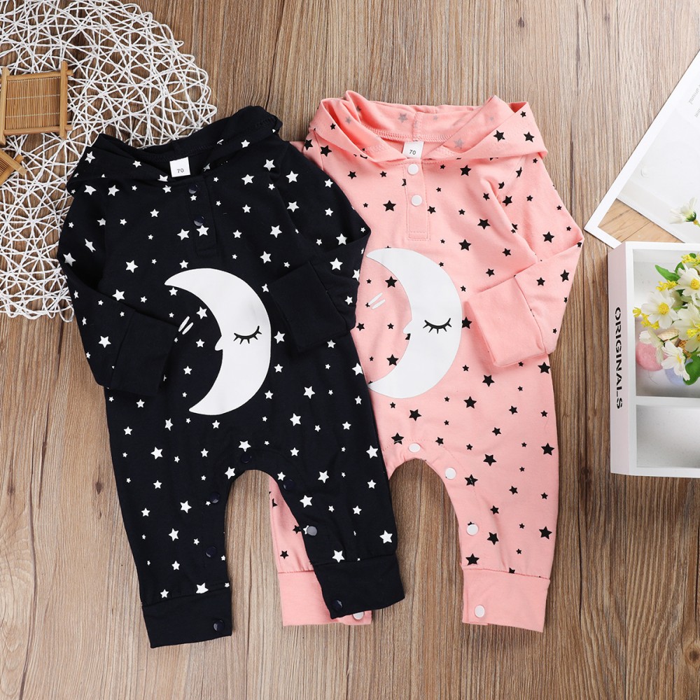 Children's clothing new baby boy men and women baby cute star moon print long sleeve hooded romper jumpsuit