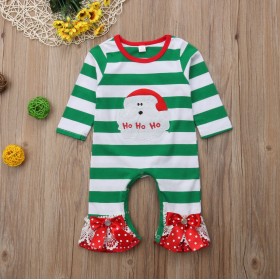 Children's clothing autumn new girl long-sleeved Santa Claus green stripe bow flared pants jumpsuit