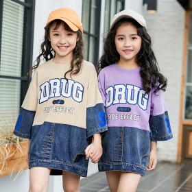 Children's clothing autumn girl T-shirt seven-point sleeve sleeve round neck stitching in the big boy denim jacket tide