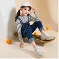 Children's clothing spring new girl's pants suit two-piece long-sleeved striped T-shirt denim suspenders tide
