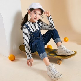 Children's clothing spring new girl's pants suit two-piece long-sleeved striped T-shirt denim suspenders tide