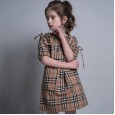 Girls' round neck plaid skirt shoulder drawstring children's A-line skirt in summer, big children's parent-child dress skirt