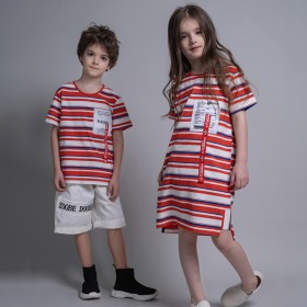 Girls Striped Straight Skirt Boys Round Neck Short Sleeve Summer Children Brother and Sister Dresses