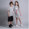 Girls striped straight off-the-shoulder skirts boys and girls round neck short sleeve summer children siblings
