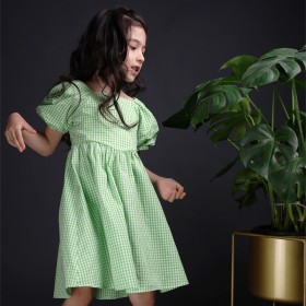 Girls' plaid short-sleeved dress, children's cotton summer dress, middle-aged children's parent-child dress