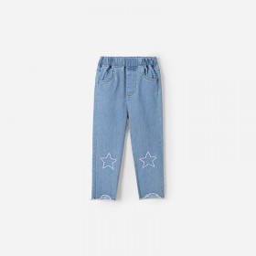 Spring new children's pants children's clothing children's trousers pentagram embroidered girls straight stretch jeans