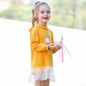 Spring new children's dress children's clothing cartoon printing girls hooded sweater mesh gown