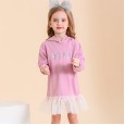 Spring new children's dress children's clothing cartoon printing girls hooded sweater mesh gown