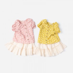 Summer new children's skirt suit children's clothing Peter Pan collar wave point girl short sleeve suit