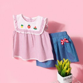 Summer new sleeveless shirt children's clothing fungus lace lapel silver silk shiny fruit striped small shirt