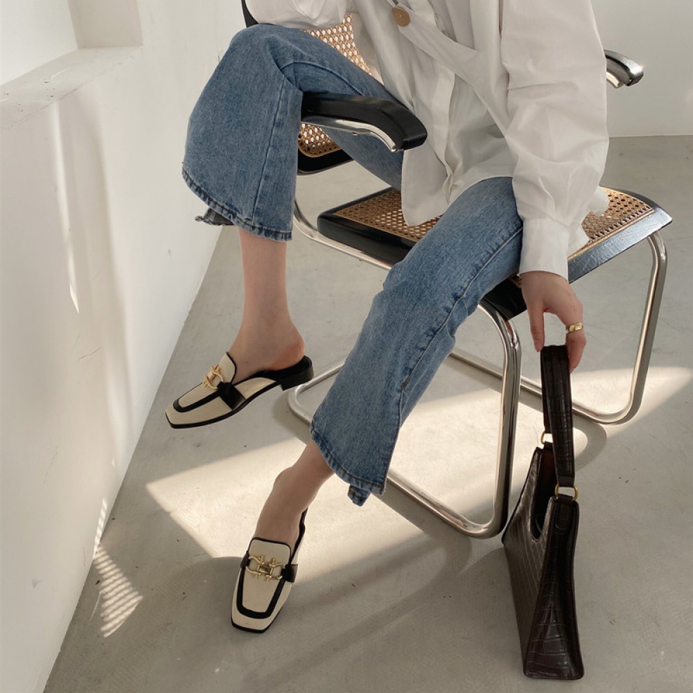 Spring style lazy square head wild thick with half drag metal buckle tide female sandals
